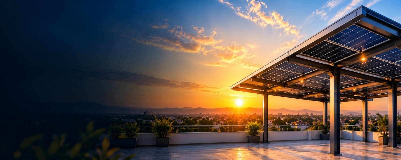 Solar panels on a steel canopy structure over a rooftop terrace at sunset